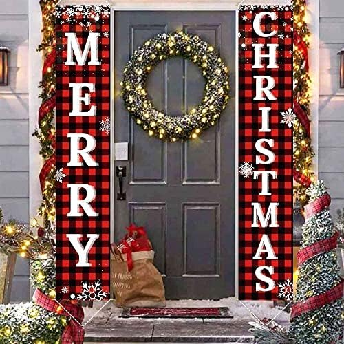 Christmas Decorations Outdoor Yard Front Porch Sign Set, Red Black Buffalo Plaid Door Banner, Hanging Merry Christmas Decorations for Home, Indoor Outdoor Xmas Decor Wall Front Door Yard Garage