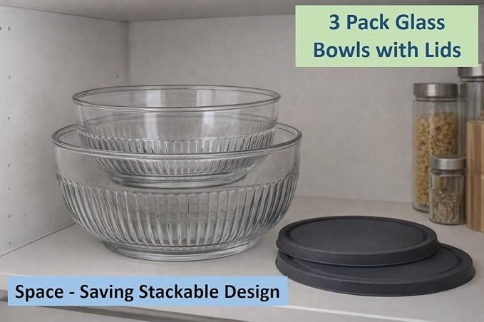 BOHEM'S 3 Pack Glass Bowls with Lids, Space-Saving Stackable Heavy Glass Food Storage Containers set with Lids, Meal Prep Containers With BPA-Free airtight Lids (4-6-11 cup) (30–50–88 oz)