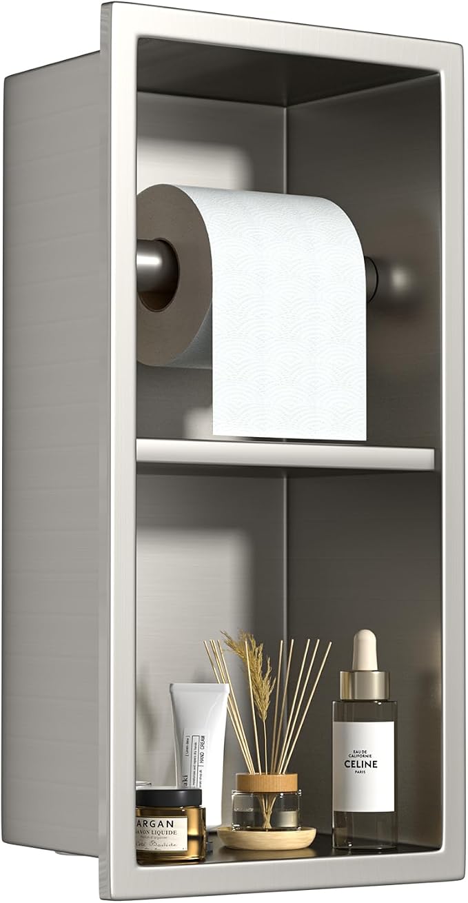 Recessed Toilet Paper Holder, Stainless Steel Tissue Roll Holder Wall Mount for Bathroom Space Saving Design, in Wall Toilet Paper Dispenser Insert, Brushed Nickel