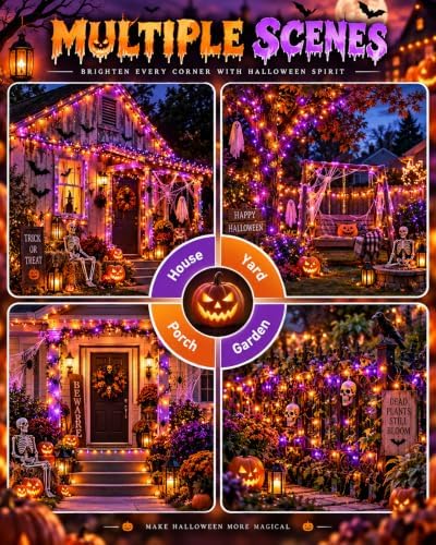 OZS Solar Halloween Lights Outdoor, Purple and Orange 2 Pack 240LED