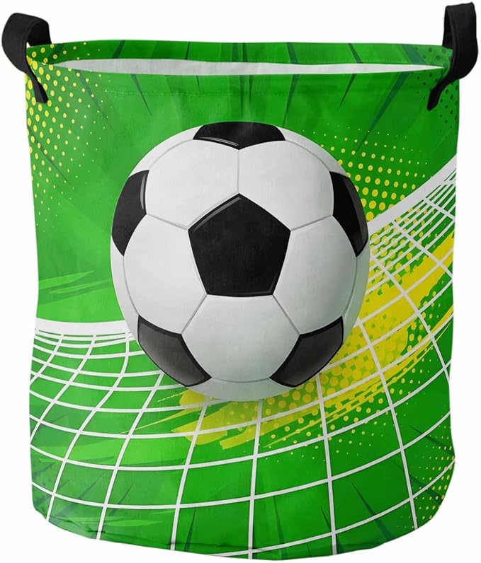 Collapsible Laundry Basket 60L, Green Football Storage Bin Laundry Hamper with Handles, Soccer Ball Goal Net Vibrant Waterproof Clothes Baskets for Bathroom/Bedroom 16.5 x 17 In