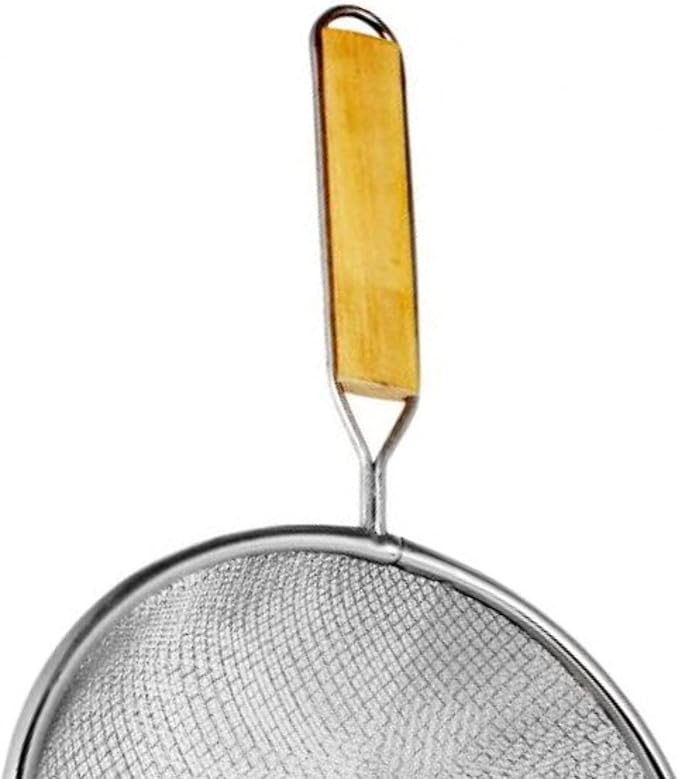 TrueCraftware- 6-Inch Double Medium Mesh Strainer Stainless Steel with 6-1/2" Handle Length Wooden Handle- Kitchen Utensil Food Strainer Skimmer Spoon for Cooking Sieve Sifters Pasta Fruits Vegetable