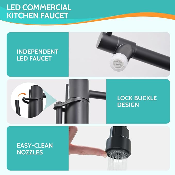 Kicimpro Matte Black LED Kitchen Faucet with Pull Down Sprayer, 304 Stainless Black Faucet for Kitchen Sink, Modern Single Handle High Arc Bar Kitchen Sink Faucet for One Hole Or Three Hole Sink