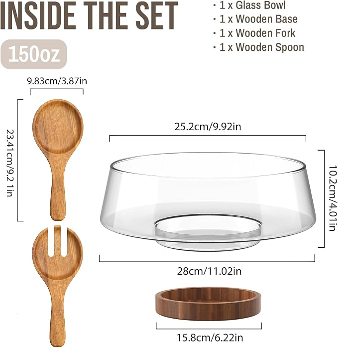 SoulTimes 4.7Qt Extra Large Glass Salad Bowl Set - Party Salad Bowls with Wood Base & Serving Utensils for Fruits, Pasta, etc. Clear Glass Bowl Set - Elegant Holiday Gift Choices