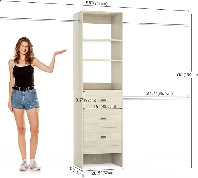 Besiost 96'' Closet Organizer System with 3 Hanging Rods, 8FT Closet Organizers and Storage with 3 Wooden Drawers, Built in Closet Organizer Systems, Adjustable Walk-in Wardrobe from 2-8FT, White Oak