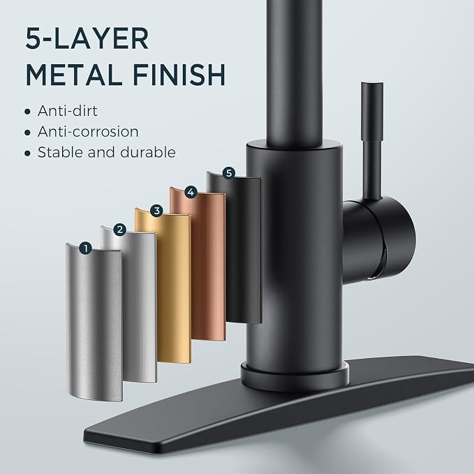 FORIOUS Black Kitchen Faucet with Pull Down Sprayer, High Arc Modern Classic Sink Faucet Stainless Steel with Deck Plate Fit for 1 or 3 Hole for Pot Filler Bar Farmhouse Laundry Rv