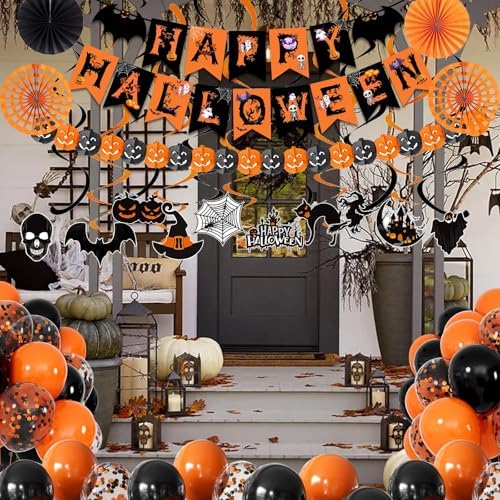 Fecedy Black Orange Happy Halloween Trick or Treat Banner Paper Fan Balloons & Swirl Streamers Goul Bat Cat Bird Ghost Pumpkin Lantern for Halloween Decorations
