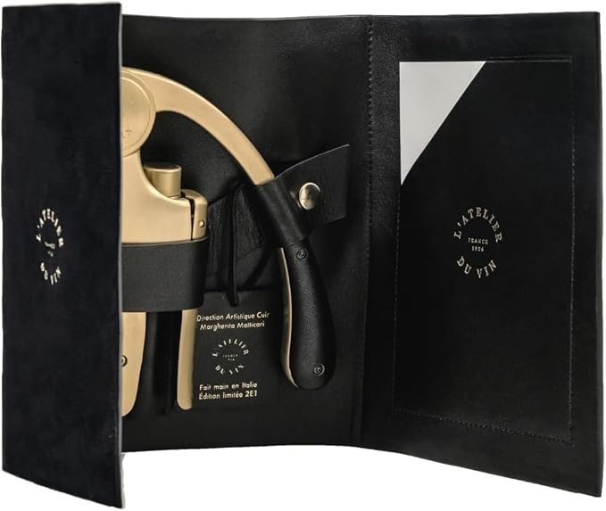 L’Atelier du Vin Oeno Motion Gold Nomad Lever Corkscrew Gift Set - Luxury Sommelier Wine Bottle Opener with Premium Black Leather Case Wine Tasting, Emblematic Wine Key Designed In France