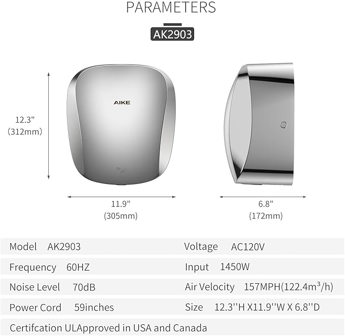 AIKE Air Tank Heavy Duty Hand Dryer HEPA Filter UL Approved 120V 1400W Polished Stainless Steel Finish Model AK2903