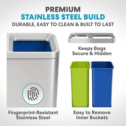 Simpli-Magic 70 Liter / 18.5 Gallon Rectangular Open Top Dual Compartment Recycling Trash Can, Stainless Steel (40L x 30L Capacity) Ideal for Restaurants, Coffee Shops, Gym and Households, 79655