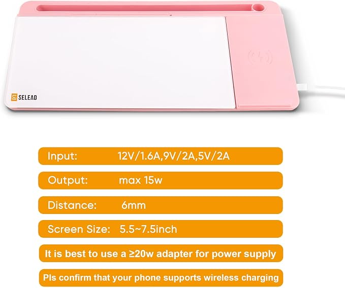 SELEAD Desktop Glass Whiteboard with Wireless Charger Station and Mirror, Dry Erase Board Computer Pad Keyboard Stand with Organizer for Home, School, Office Desk Accessories, Pink