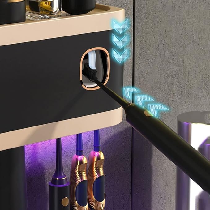 Toothbrush Rack Smart Toothbrush Holder Wall Mount Toothbrush Holder with Mouthwash Cup Automatic Toothpaste Dispenser Squeeze Kit Bathroom Toothbrush Holder(A)