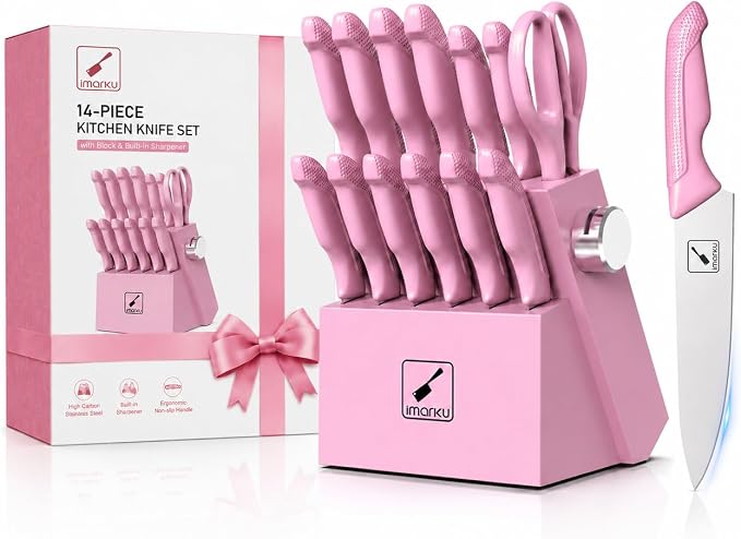 imarku 14-Piece Japanese High-Carbon Stainless Steel Kitchen Knife Set，Pink | Knife Set with Block|15°Precision Edge | 56±2 HRC Hardness | Built-in Sharpener|Ergonomic Handles|Gifts Mom & Dad