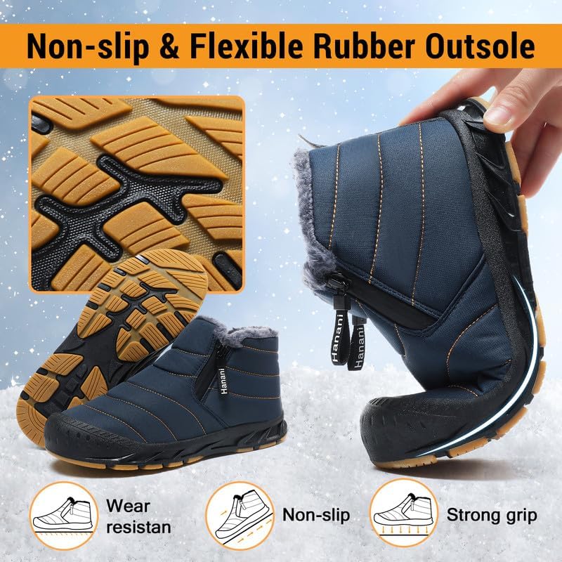 Hanani Mens Snow Boots Waterproof Winter Boots for Men Fur Lined Warm Ankle Boots Zipper Closure Slip on Outdoor Boot Comfortable Walking Shoes