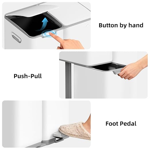 mVm 16 Gal Kitchen Trash Can, 3 Compartment Garbage Can, Heavy Duty Anti Fingerprint Brushed Recycling Bin for Office Home（White）