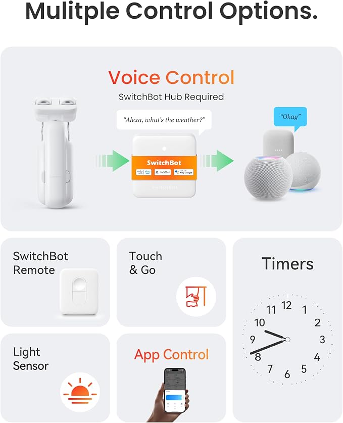 SwitchBot Smart Automatic Curtain Opener 2 Pack with Hub Mini - WiFi Remote Control with App/Timer, Performance Upgrade, Compatible with Alexa, Google Home, HomeKit