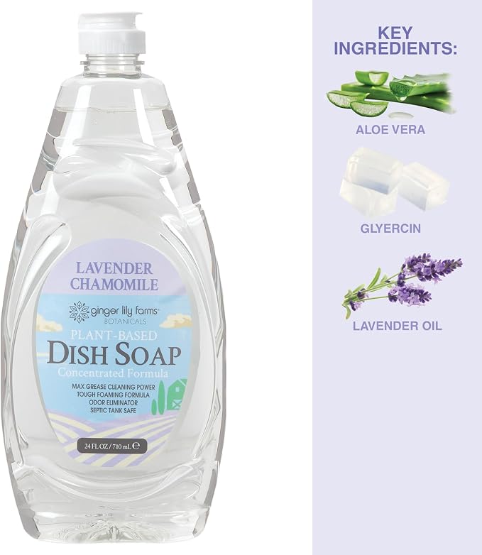 Ginger Lily Farms Botanicals Plant-Based Liquid Dish Soap, Concentrated Formula with Max Grease Cleaning Power, Cruelty-Free, Lavender Chamomile Scent, 24 Fl Oz