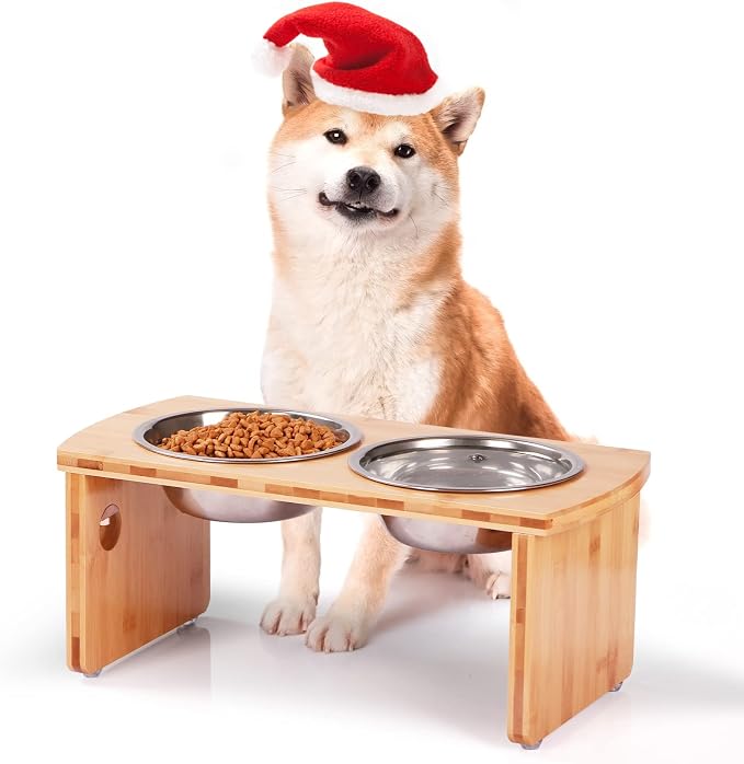 Elevated Dog Bowls, Bamboo Raised Dog Bowl for Medium Dogs, with 2 Stainless Steel Bowls (7'' Tall-40 oz Bowl)