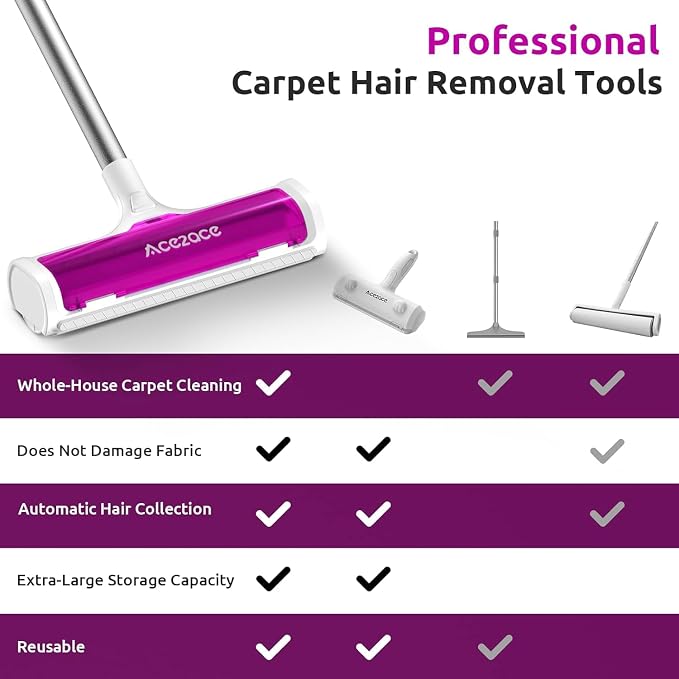 ACE2ACE A3 Pro Carpet Roller for Pet Hair, Carpet Pet Hair Removal Tool | Reusable Large Lint Rollers, 5 Feet Long Handle No Bending No Kneeling, Cat Dog Hair Remover for Carpet, Rugs, Mats, Magenta