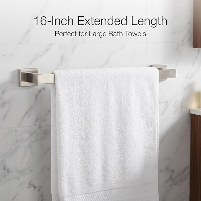 5 Piece Bathroom Hardware Set Brushed Nickel, SUS304 Stainless Steel Towel Bar Set, Modern Square Accessories with 16 Inch Rack Toilet Paper Holder Robe Hooks (Brushed Nickel)