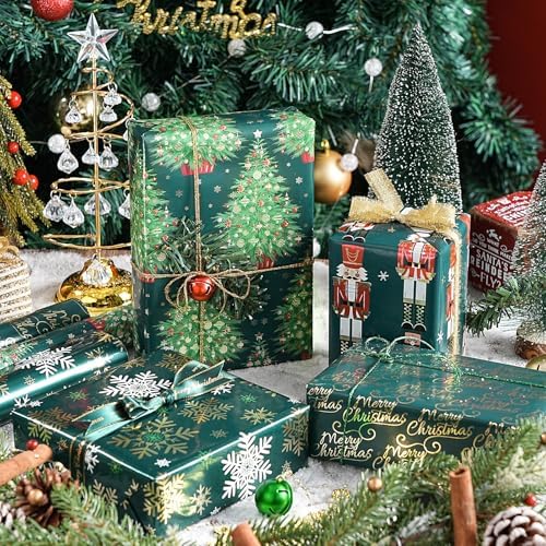 WRAPAHOLIC 30 Inch Nutcracker Christmas Wrapping Paper Roll - Jumbo Roll Green Christmas Tree, Snowflakes and Nutcracker with Metallic Foil Shine Design - 4 Rolls - 30 Inch x 120 Inch Per Roll