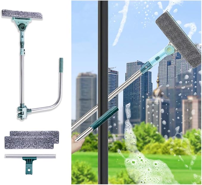 3 in 1 U Shaped Window Cleaning Tool Kit, 4 Piece Set, Blue, Double Sided, Plastic Blade, 22 inches, 131.7 cm, Aluminum Handle, Cleaning Squeegees