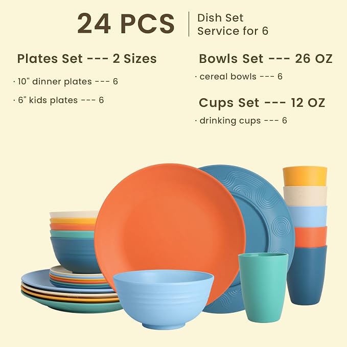 Homienly Unbreakable Wheat Straw Dinnerware Set - Plastic Plates and Bowls Sets Alternative, 24-Piece Dishes Set for Apartment, RV, Party, Microwave and Dishwasher Safe Plates, Bowls, Cups(Multi)