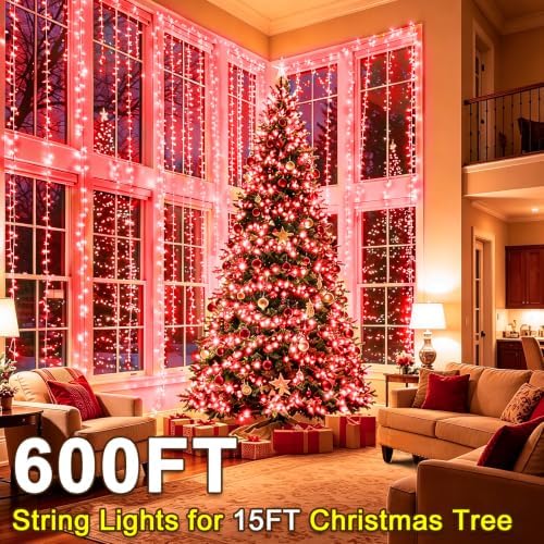 KNONEW 600ft 1500 LED String Lights Outdoor Christmas Lights 8 Modes & Timer Fairy Light Plug in Waterproof LED String Lights for Xmas Yard Tree Wedding Party Holiday Decorations (Red)