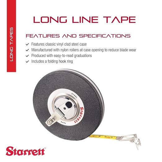 Starrett Closed Reel Long Line Tape with Nylon Rollers, Rewind Mechanism, and Folding Hook Ring - 30m Length, 3/8" Width, 1mm Graduation, L8 Graduation Style Number - 530-30CM