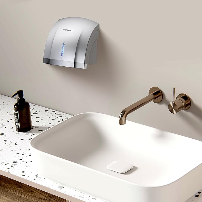 Commercial Hand Dryer Electric Compact Hand Dryer for Bathrooms Commercial 1800W High Speed Hand Dryer with Hot Cold Air and Noise Reduction 110V Silver