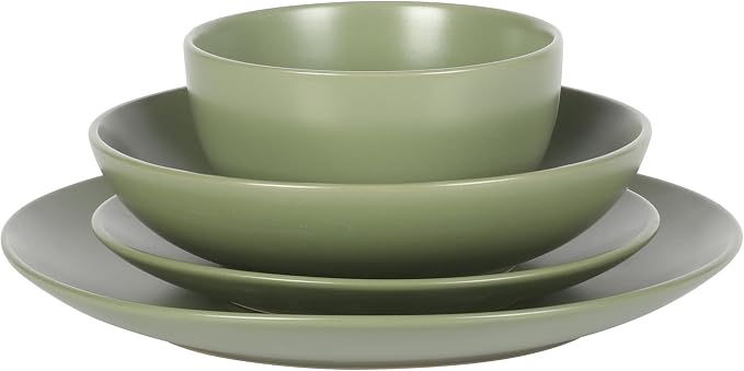 Gibson Home Queenslane 16-Piece Matte Green Stoneware Dinnerware Set – Double Bowl Plates and Bowls, Durable Kitchen Dinner Set
