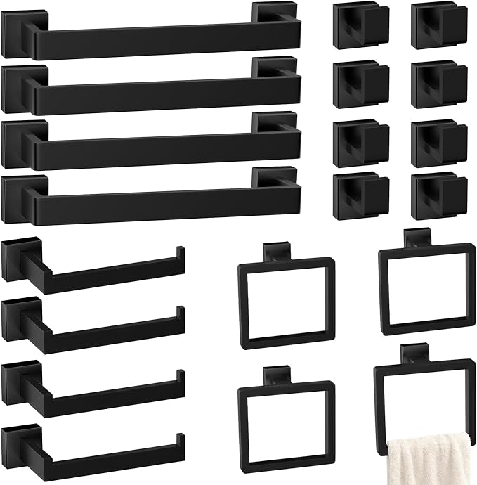 Bathroom Accessories Towel Bar Set: 20 Pieces Matte Black Bathroom Hardware Square SUS304 Stainless Steel - Wall Mounted Towel Rack&Toilet Paper Holder&Towel Ring and Towel Hook