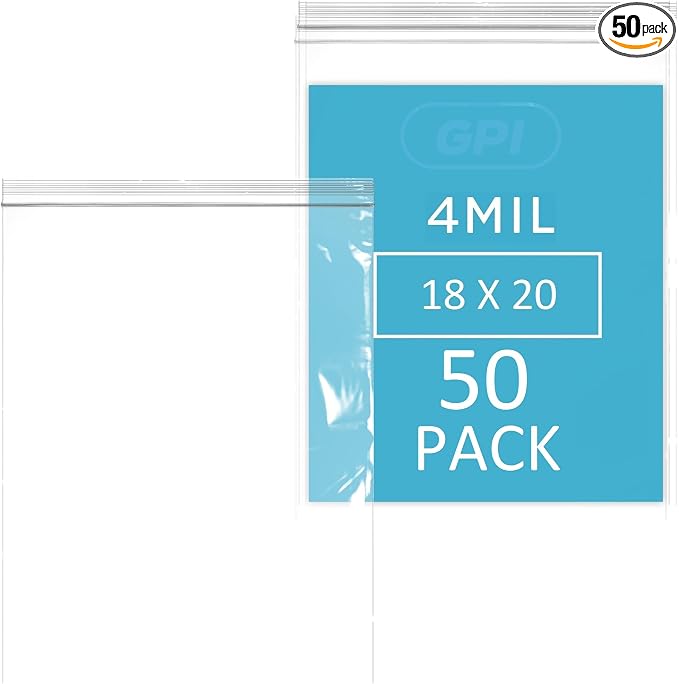 GPI - 18" x 20" Extra Large Reclosable Zip Bags - 4 Mil Heavy-Duty - Pack of 50 - Clear Plastic Zipper Lock Bags, Resealable Poly Baggies For Clothing, Tools, Travel, Storage & Packaging.