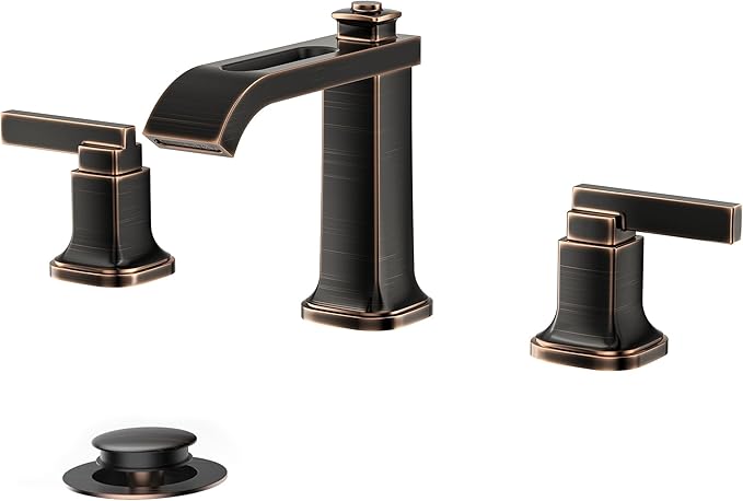 FORIOUS 3 Hole Oil Rubbed Bronze Bathroom Faucet,8 Inch Widespread Bathroom Vanity Faucets with Metal Pop Up Drain, Unique Waterfall Design