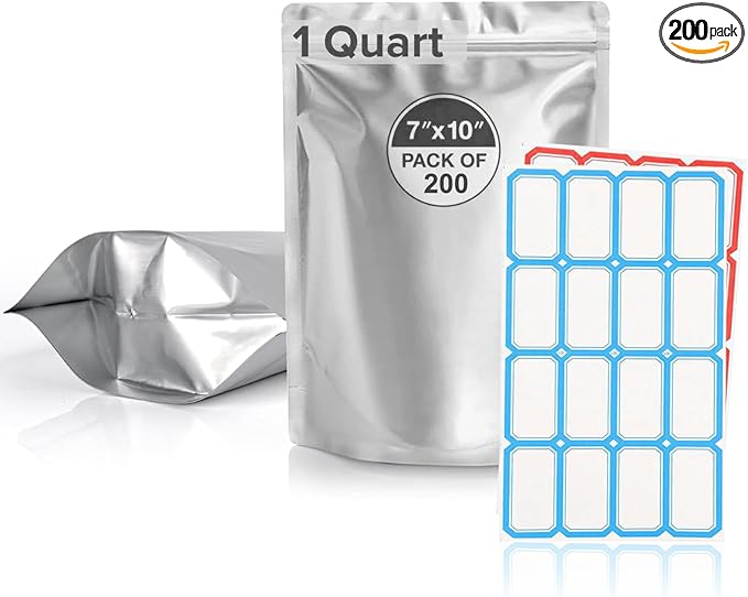 200 Pcs 1 Quart Mylar Bags for Food Storage, 10 Mil Thick 7x10 Inch Stand-Up Zipper Pouches, Airtight Resealable & Heat Sealable for Dehydrated, Freeze Dried, Grains, Long Term Storage