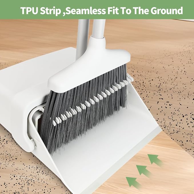 CQT Broom and Dustpan Set with Handle, Brush and Dustpan Set for Home Kitchen Cleaner Floor Sweeping Upright Stand Up Dust pan Cleans Combo (White)