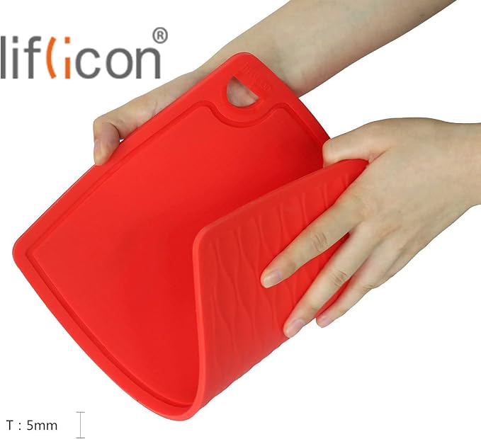 Thick Cutting Boards for Kitchen Silicone Chopping Board Set of 2 Mid 12.6'' x 9.1”,Mini 9.1”x7.1” Non-slip Deep Drip Juice Groove Easy Grip Handle,Dishwasher Safe-Red