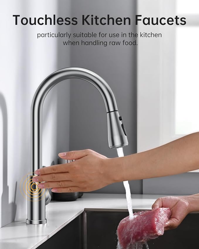 Hiqufet Touchless Kitchen Faucet, Pull Down Sprayer, Brushed Nickel | Hands-Free Smart Motion Sensor, Easy Install, SUS304 Stainless Steel, Lead-Free, High Arc, 3 Spray Modes, 360 Swivel