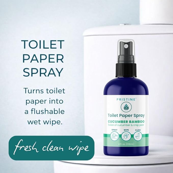 PRISTINE Toilet Paper Spray, As Seen on Shark Tank, Flushable Wipe Alternative, Personal Cleansing Bathroom Spray for Regular Toilet Tissue, Bidet Alternative, Made in USA, Cucumber Bamboo, 4oz Bottle