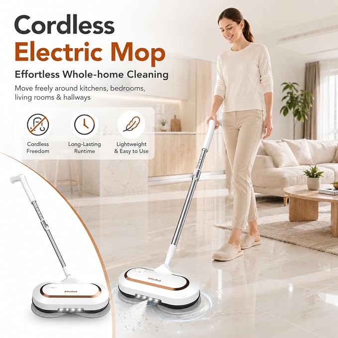 AlfaBot Cordless Electric Mop, Dual Spin Power Floor Cleaner with LED Headlight and Water Spray, 60-Min Runtime Self-Propelled Mop with Adjustable Tube for Hardwood, Tile, Marble and Vinyl Floors