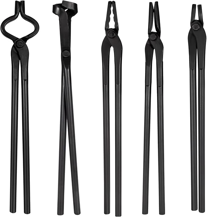 Blacksmith Tongs Tools Set Forging Tongs For Knife Making Tongs, Blacksmithing Forge Tongs Kit 5PCS - Flat Tongs & Square Jaw Tongs & Bolt Tongs & Blade Tongs & Wolf Jaw tongs Black Smith Supplies