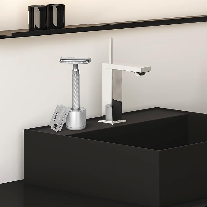 Double Edge Safety Razor with Stand, Version 2.0 Includes 10 Blades | Classic silver finish with a clean metallic look that complements any grooming setup.