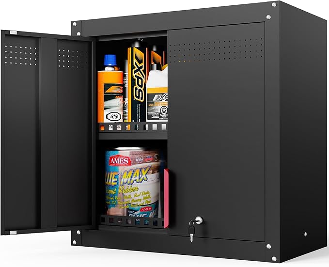 Eltean 30" Garage Wall Cabinet, Metal Wall Cabinet with Lock & Adjustable Shelf,Heavy-Duty Black Garage Storage Cabinet,Ventilated Metal Wall Cabinets for Workshop & Tools