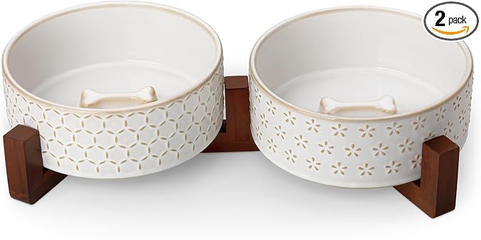 MALACASA Dog Bowl Set, Ceramic Bowls with Walnut Wood Stand, 3.5 Cups | Five-Leaf Grass and Honeycomb Design, Non-Slip Base, for Cats and Dogs, About 26% Heavier than Similar Ceramic Bowls