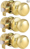 Probrico Passage Door Knobs Polished Brass Interior Hall/Closet Door Handles Keyless Locksets, 3 Pack