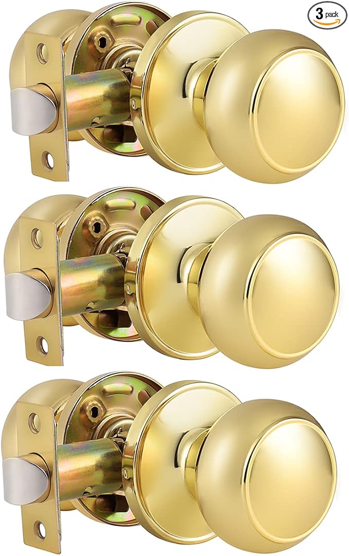 Probrico Passage Door Knobs Polished Brass Interior Hall/Closet Door Handles Keyless Locksets, 3 Pack