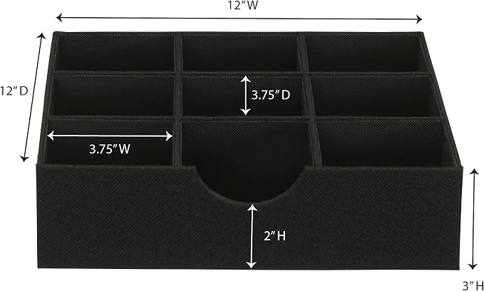 Household Essentials Drawer Organizer Tray with Fabric Cover and 9 Square Compartments, Black, Set of 2