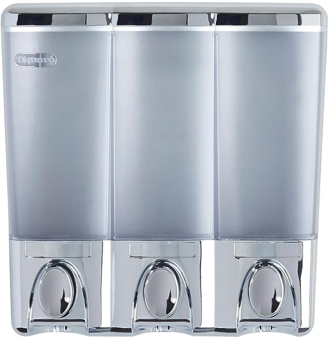 Better Living Clear Choice Wall Mount Shower Dispenser, 3 x 14.2, Chrome | 3 Chamber Dispenser, Corner or Flat Wall Installation, No Drill Adhesive, Waterproof Dispenser Pump