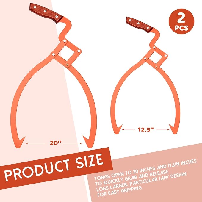 Blulu 2 Pcs 20 Inch, 12 Inch 2 Claw Log Tongs Logging Skidding Tongs with Non Slip Grip Stainless Steel Hand Log Grapple Lifter Handling, Dragging, Carrying Tool for Moving Wood Trees