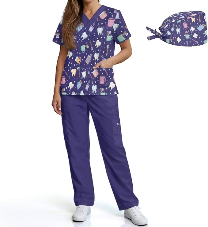 Gomyblomy Women's Scrubs Suit 3-Piece Set | Teeth Print V-Neck Top & Pants & Cap, Breathable and Stretch Fabric, S-5XL